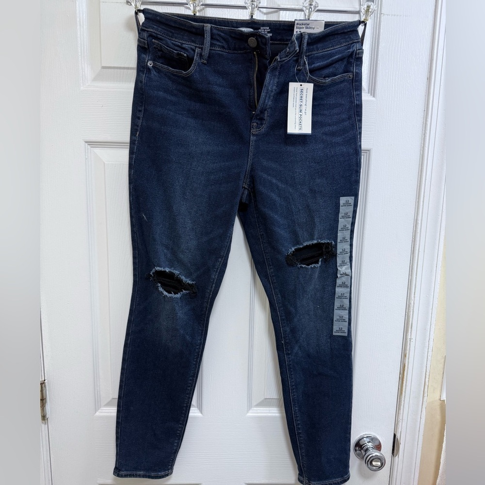 Rockstar Super Skinny Distressed Blue Jeans, Size 12